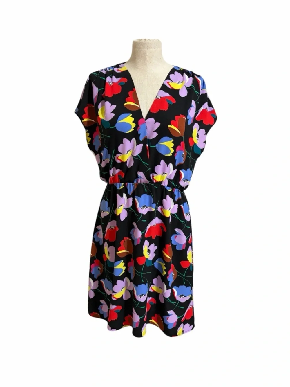 Halogen Bold Floral Motif V-Neck Elastic Waist Dress Black Cottagecore Size M